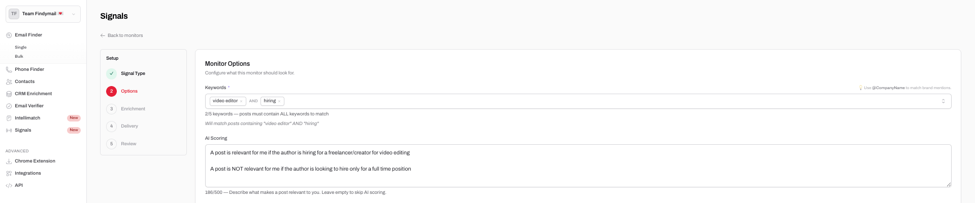 Monitor options screen with keywords and AI scoring